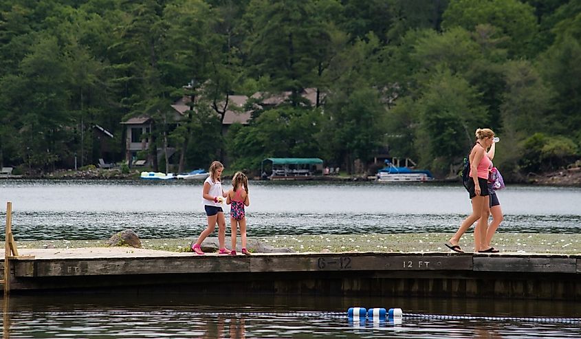 The dock and waterfront of Lake Harmony, Pennsylvania.