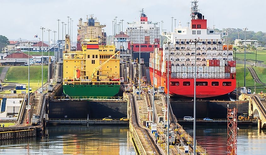 Two cargo ship transiting the Miraflores locks in the Panama Canal