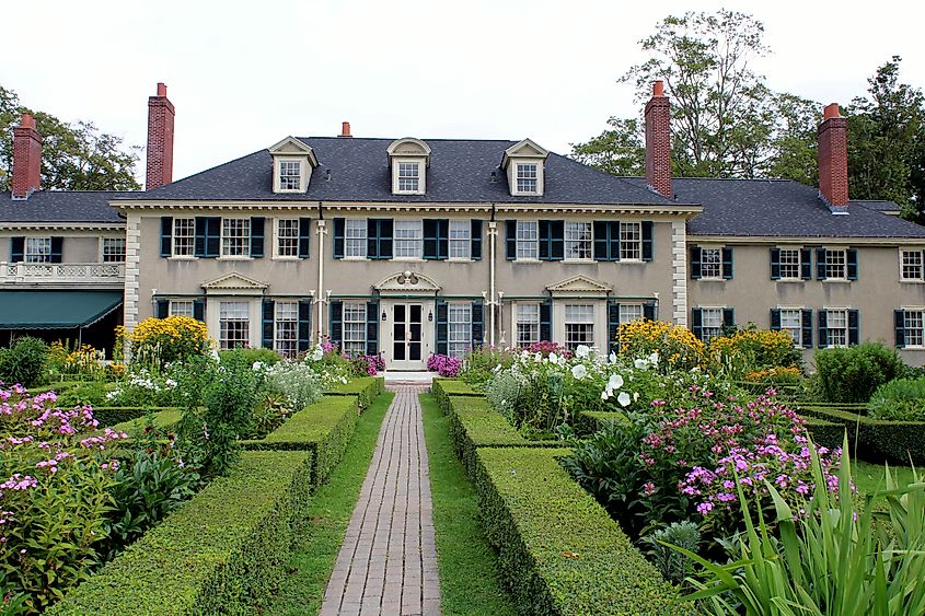 Exterior architecture and beautifully landscaped gardens of Hildene, The Lincoln Family Home in Manchester, Vermont.