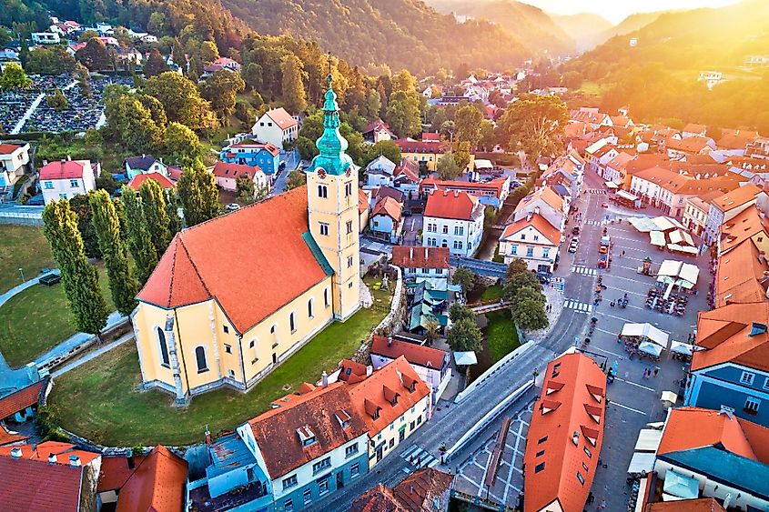 Town of Samobor square aerial burning sunset view, northern Croatia.
