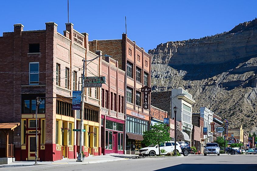 Main Street in Helper Utah with historic buildings