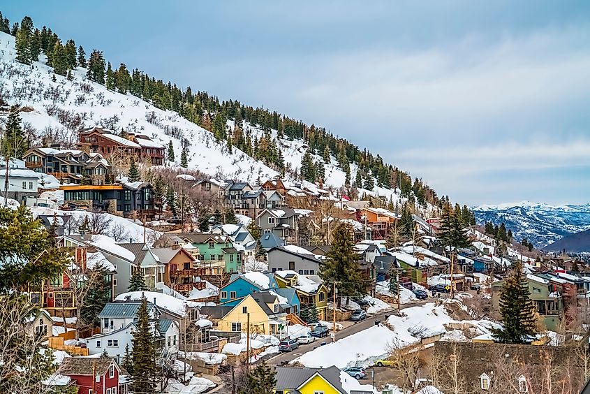 Vibrant cabins along a mountainside in Park City, Utah.