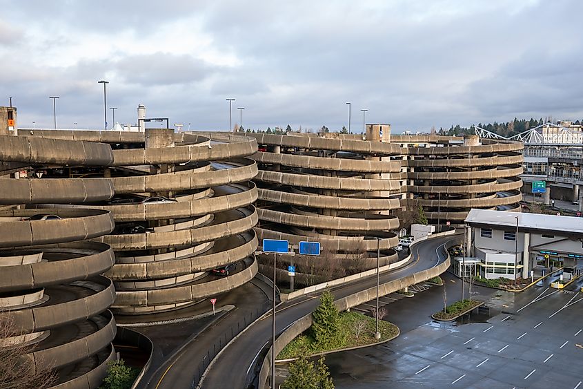 The large loops of the Seattle-Tacoma International Airport parking lot.