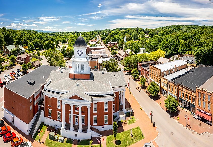 Aerial view of Tennessee's oldest town, Jonesborough, and its courthouse.