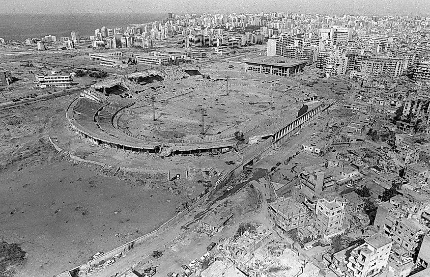 Camille Chamoun Sports City Stadium, 1982: This stadium was an ammunition supply site for the PLO until a confrontation with the Israelis. Image is Public Domain, via Wikimedia.