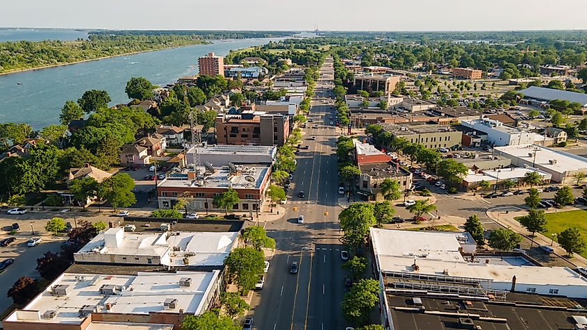 The vibrant downtown of Wyandotte, Michigan stretches out before you.