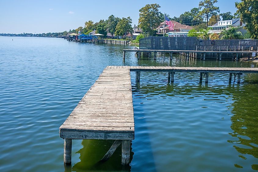 Shoreline with piers and houses in New Roads on False River.
