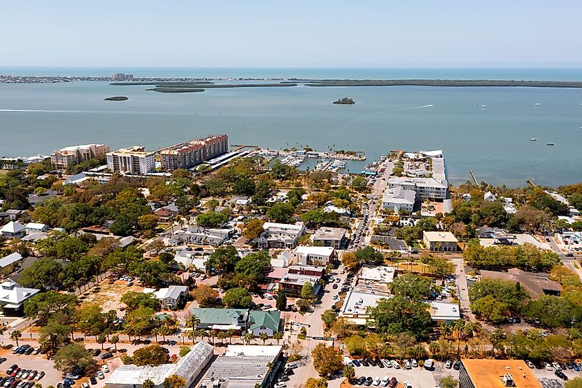 An aerial view of Edgewater Park and downtown Dunedin, Florida