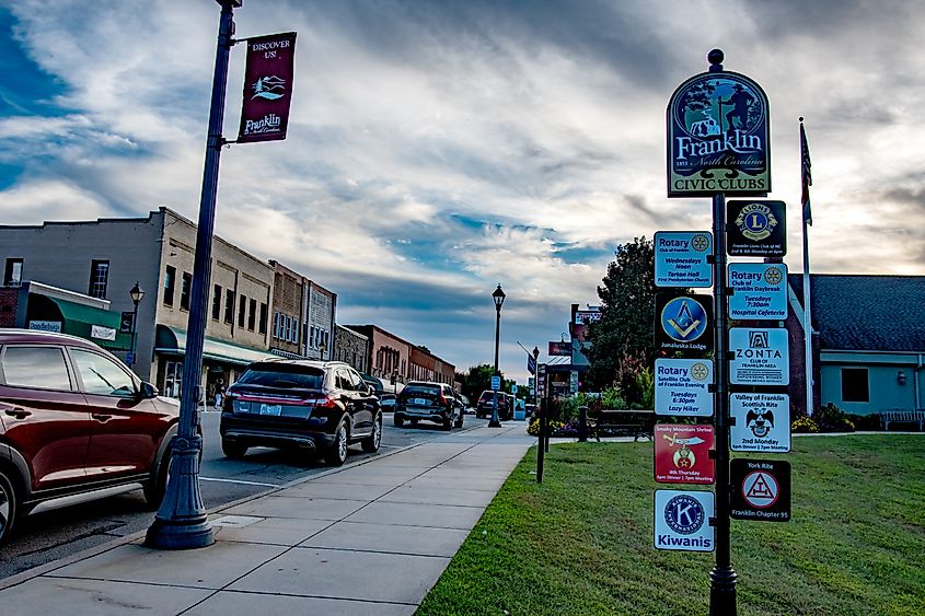 Downtown Franklin signs and banners at sundown.