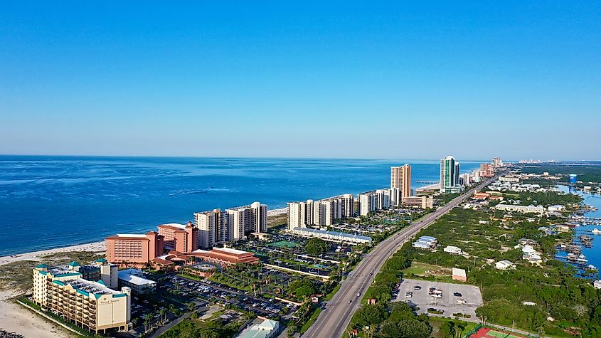 Aerial view of the coast along Orange Beach in Alabama.