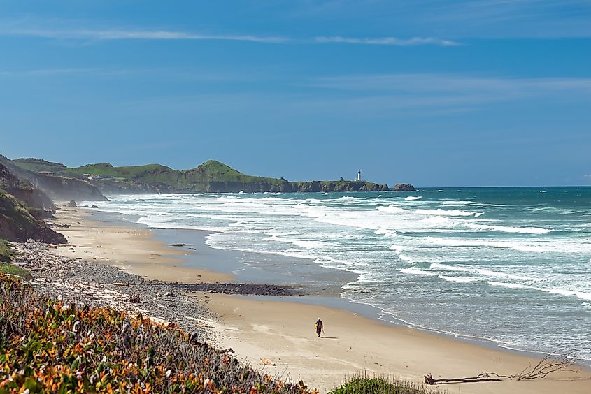 Beverly Beach with Yaquina Head Lighthouse in the background near Newport, Oregon.