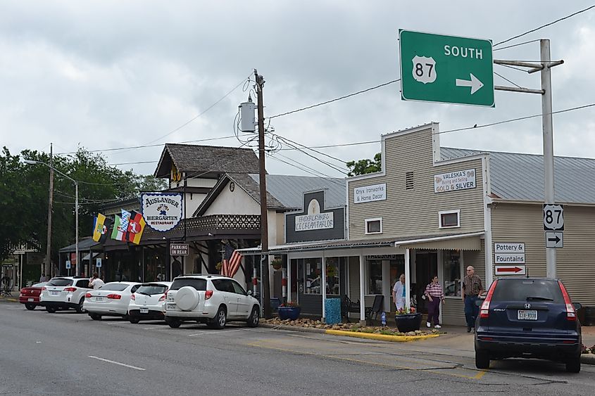 Main Street at Fredericksburg, a Biergarten is along the major street.