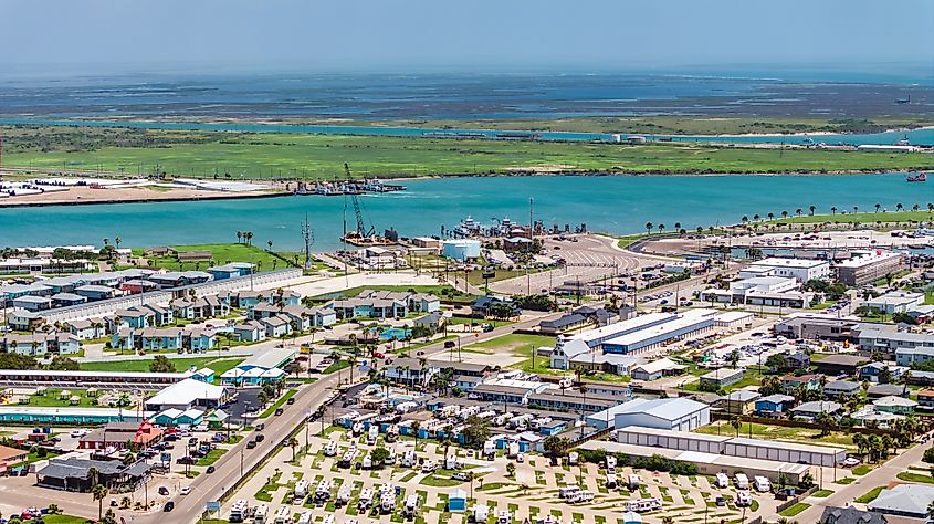 Aerial view of the Port Aransas Ferry Landing area on Mustang Island, Gulf of Mexico, showing the infrastructure for ferry operations in Port Aransas, USA.