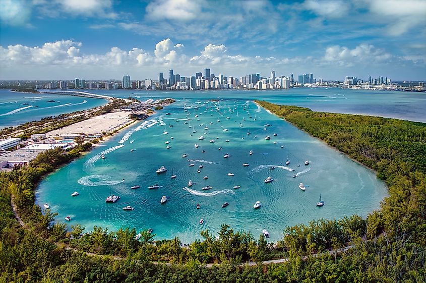 Aerial view of Biscayne Bay and the Miami skyline, as seen from Virginia Key.