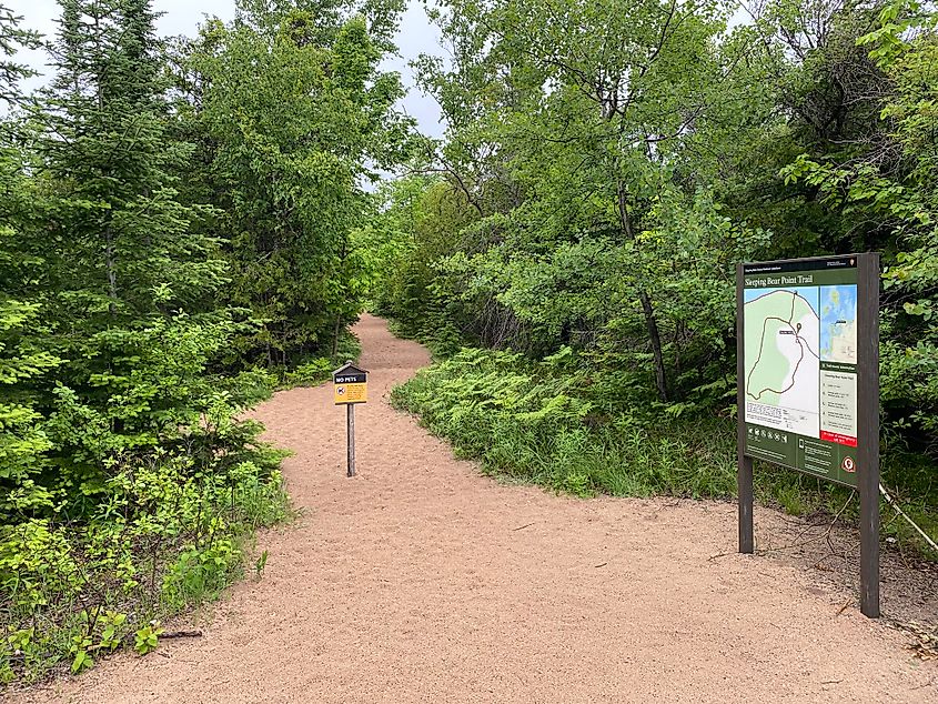 The Sleeping Bear Trailhead just outside of historic Glen Haven. The forest gives way to a rugged beach and the namesake dune.