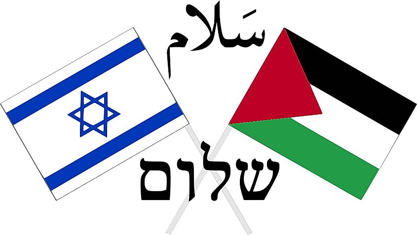 A peace movement poster: Israeli and Palestinian flags and the words peace in Arabic and Hebrew. Two-state solution. In Wikipedia. https://en.wikipedia.org/wiki/Two-state_solution By I, Makaristos, CC BY-SA 3.0, https://commons.wikimedia.org/w/index.php?curid=2247941