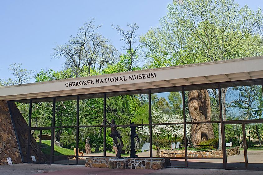 Tahlequah, Oklahoma / USA - April 21, 2019: The Cherokee National Museum lies on the grounds of the Cherokee Heritage Center, where the tribe's history, culture and arts are preserved and celebrated.