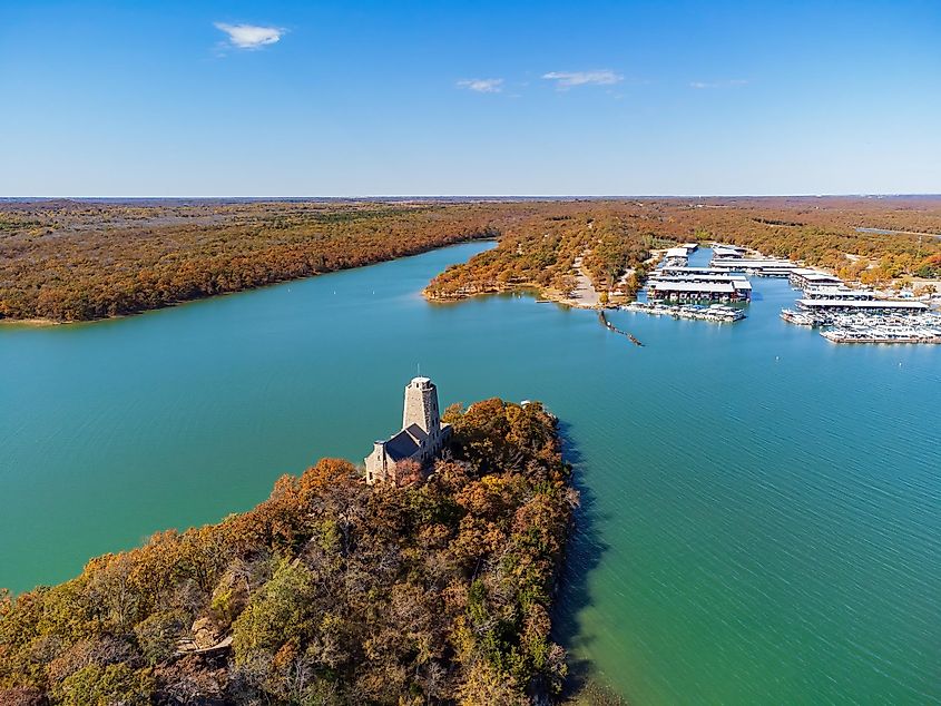 Aerial view of the Tucker Tower of Lake Murray State Park at Oklahoma.