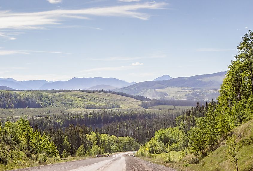 A highway winding through the foothills near Sundre in Alberta, Canada.