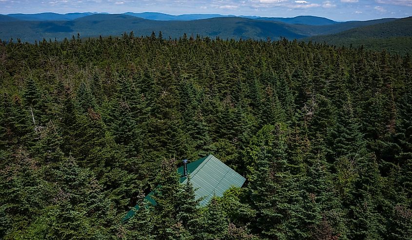 The Balsam Lake Fire Tower at 3730-feet in the Catskill Mountains of Hardenburgh, New York, is one of five fire tower lookout hikes.