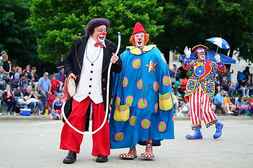 People dressed up as clowns during the Big Top Circus World Parade in Baraboo, Wisconsin.