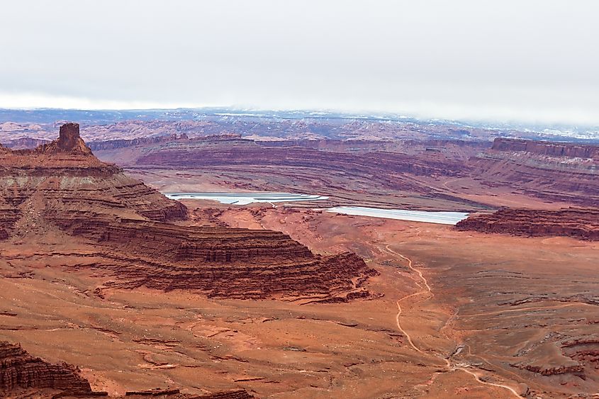 Solar evaporation ponds utilized in the potash mining industry.