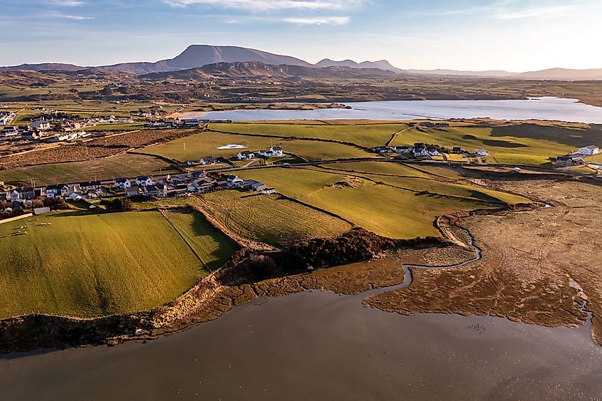 Aerial view of Dunfanaghy Bay in County Donegal at sunrise.