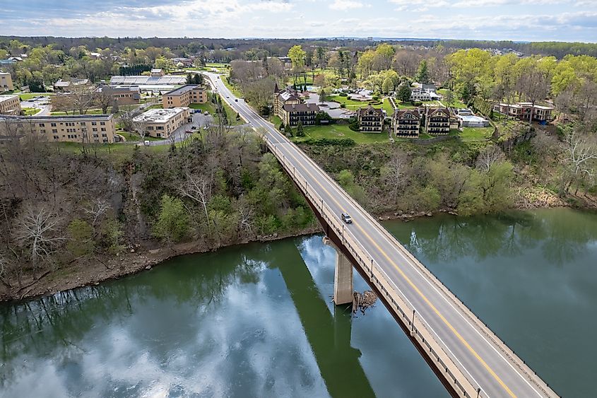 Aerial view of the Shepherdstown Pike Bridge that connects Sharpsburg, MD. to Shepherdstown, WV.