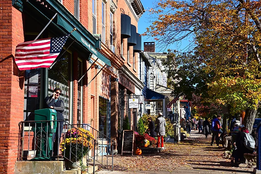 Sidewalk scene in Cold Springs, New York, on a crisp fall day