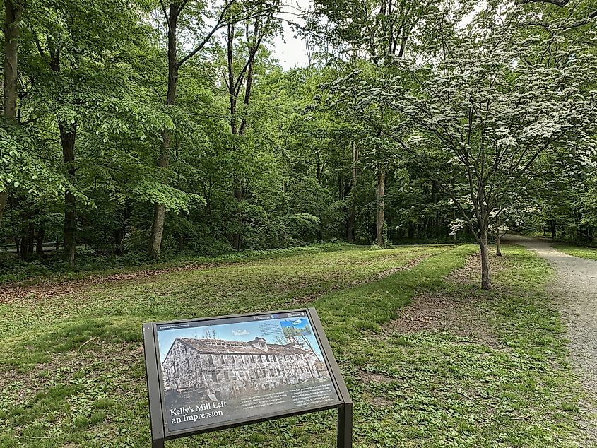 Blackstone River Valley National Historic Park marker for Kelley's Mill Foundation in Lincoln, Rhode Island. Editorial credit: EWY Media / Shutterstock.com.