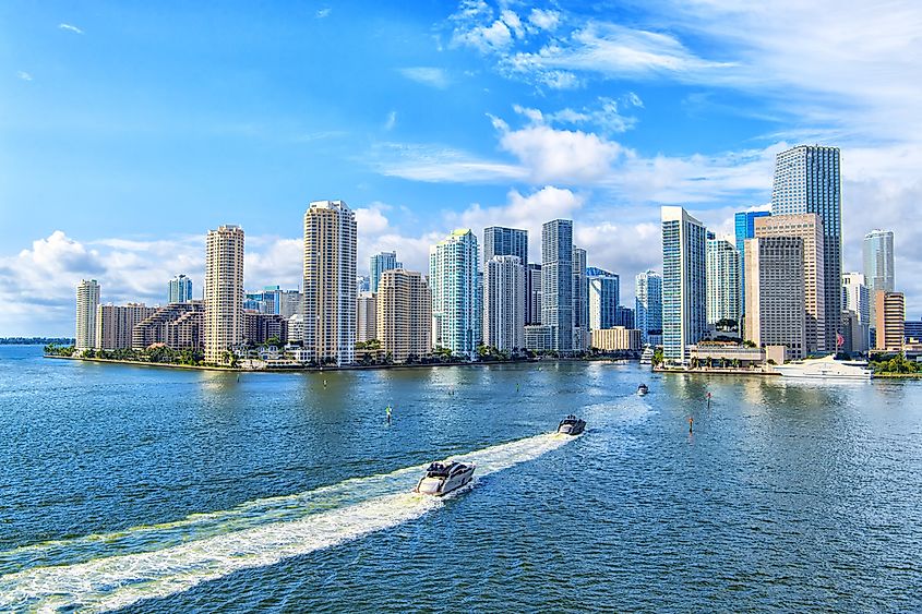 The skyline of Miami, Florida, along Biscayne Bay.