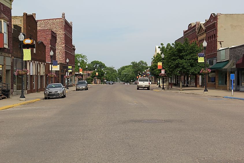 Main Street in Pipestone, Minnesota on a summer afternoon.