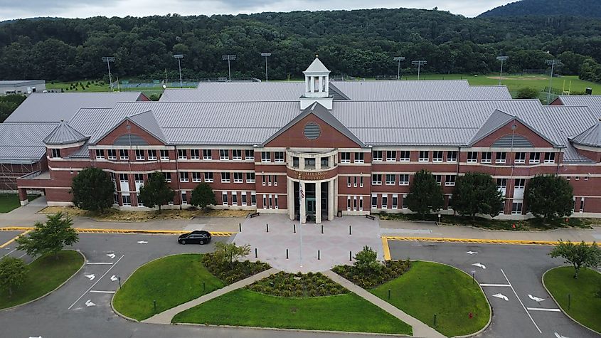 Front of New Milford High School in New Milfored, Connecticut