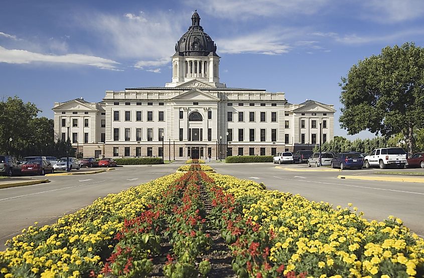 Summer flower-bed leading to South Dakota State Capitol in Pierre, South Dakota.