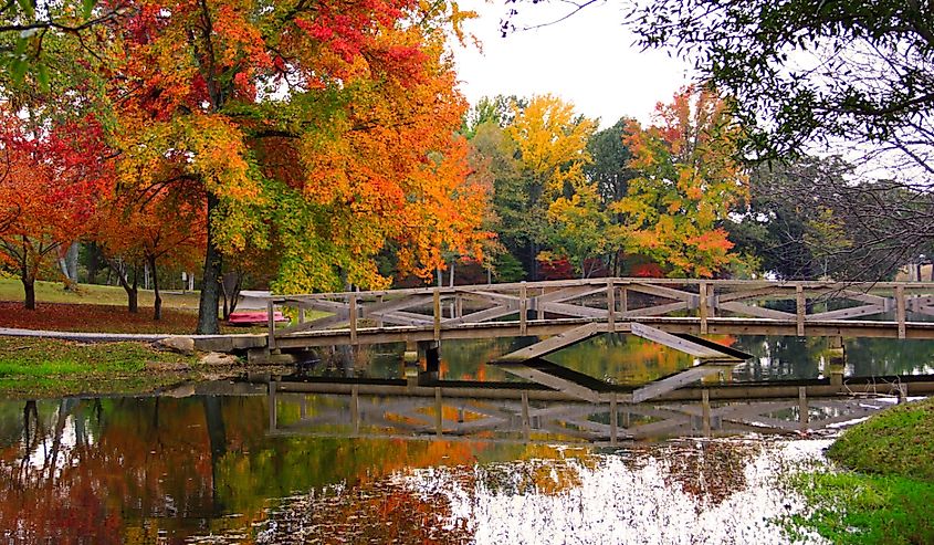 Pond with a bridge in the fall in Batesville, Arkansas