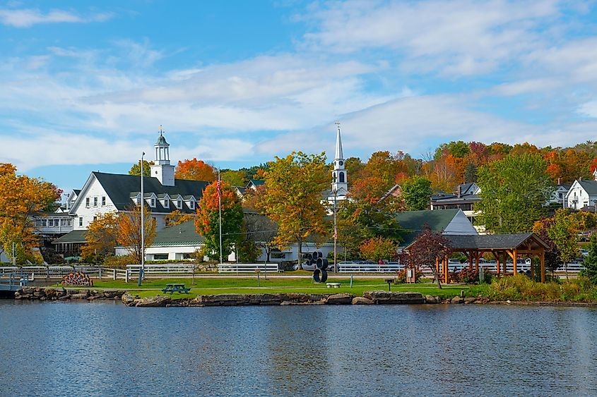 Meredith historic town center and Mill Falls Marketplace by the Lake Winnipesaukee in fall 