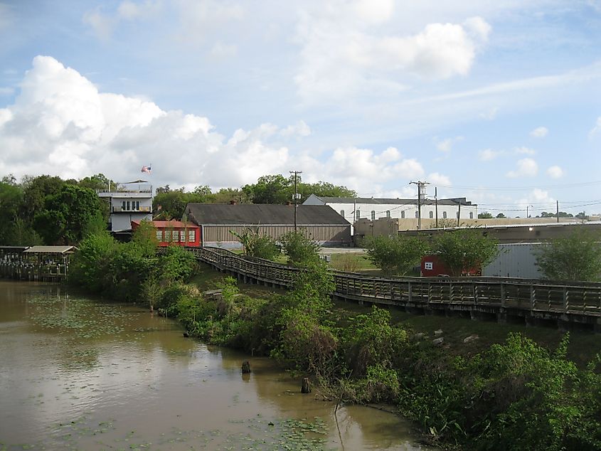 Downtown New Iberia seen from bridge over Bayou Teche.