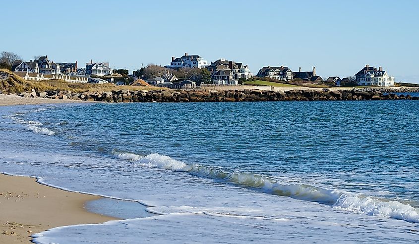 Watch hill beach with the background of waterfront houses Westerly, Rhode Island.