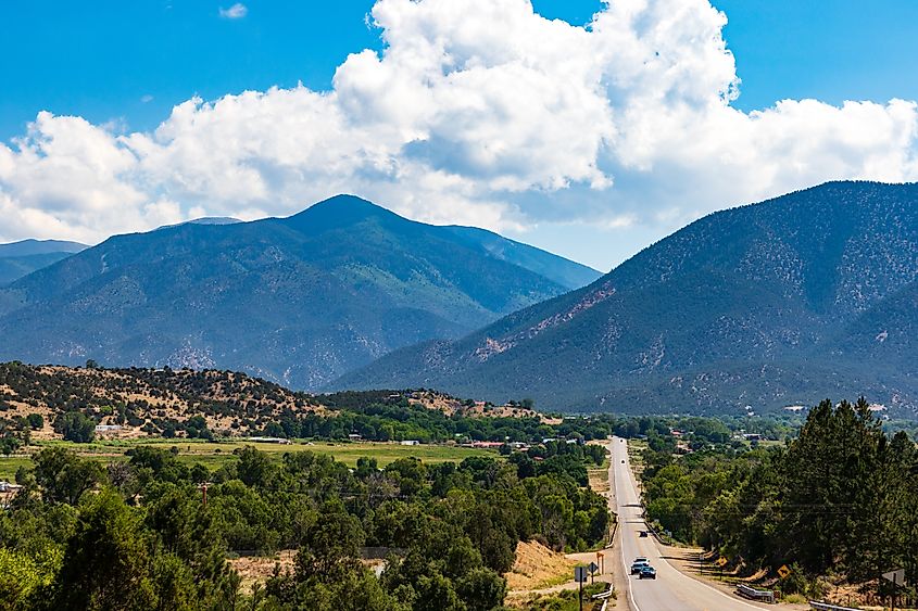 Highway 38 runs into the mountain town of Questa, near Taos in northeast New Mexico. Editorial credit: J. Michael Jones / Shutterstock.com