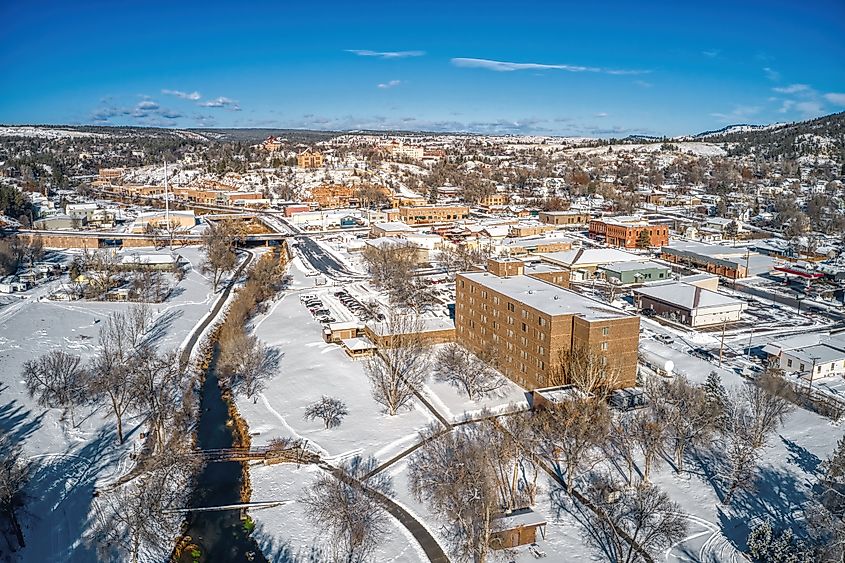 Aerial view of Hot Springs, South Dakota, in winter.