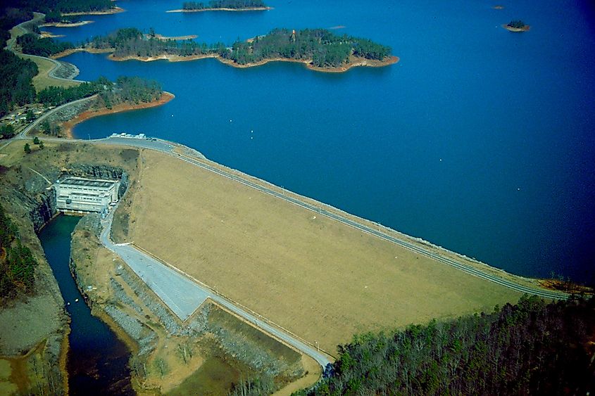 Buford Dam, impounding Lake Lanier on the Chattahoochee River in Forsyth County, Georgia.
