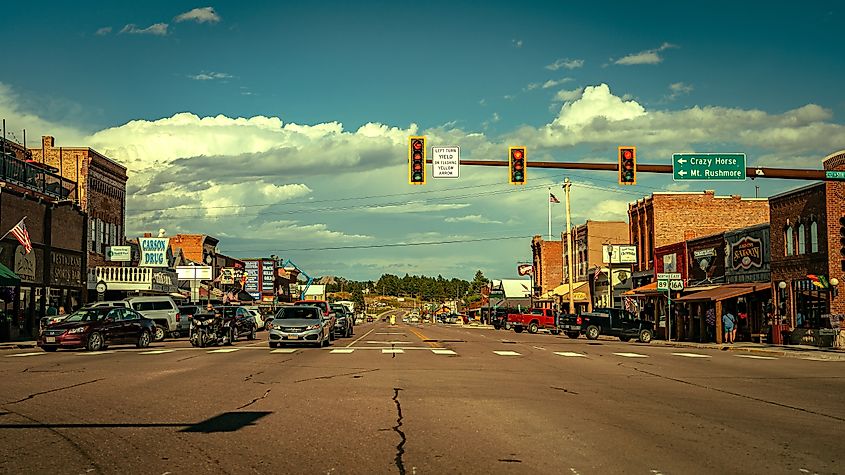 Busy town intersection in Custer, South Dakota.