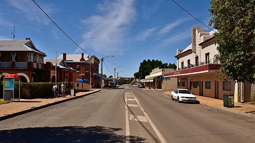 View of Vincent Street in Beverley, Western Australia, featuring historic buildings, local shops, and a charming, small-town atmosphere.