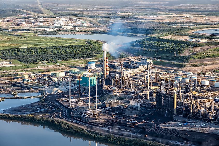 Aerial view of a petrochemical oil refinery in Fort McMurray, Alberta.