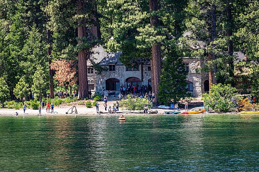 Vikingsholm Castle and the beach area in Emerald Bay, Lake Tahoe.