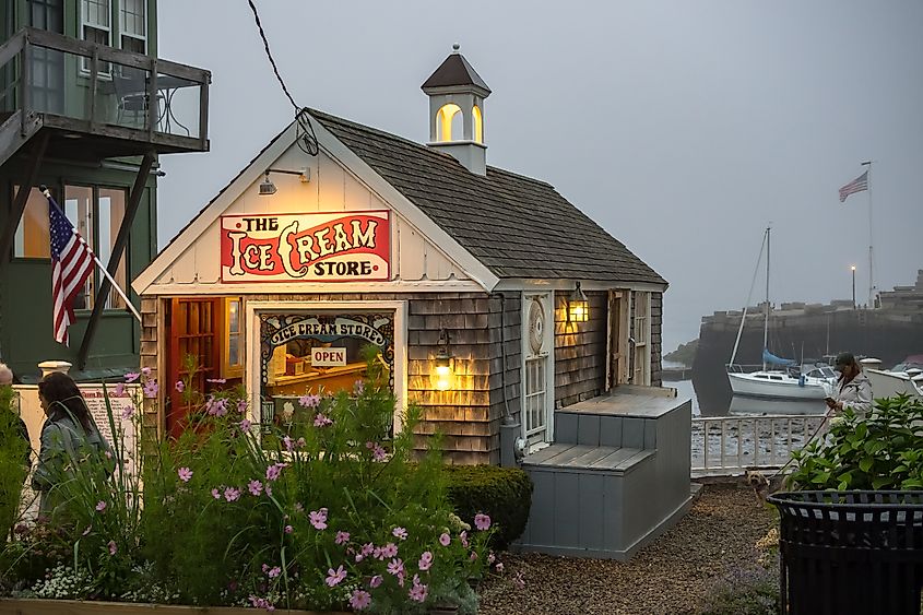 The Ice Cream Store on an evening in Rockport, Massachusetts.