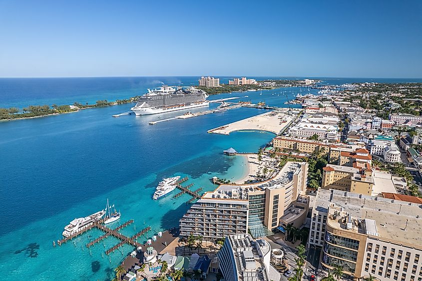 The drone panoramic view of downtown district of Nassau city and Paradise Island, Bahamas. Source: Shutterstock