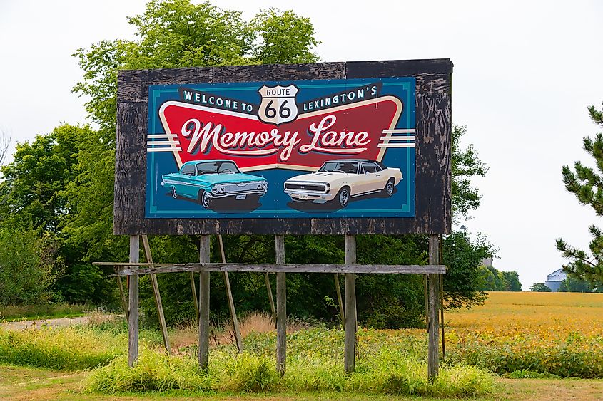 Lexington's Memory Lane billboard on Historic Route 66 in Lexington, Illinois