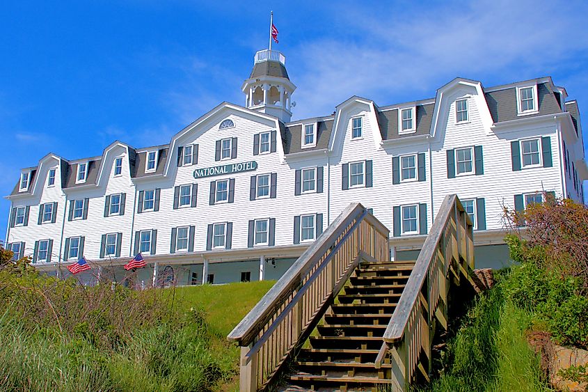 Wooden stairs leading to the National Hotel on Block Island in New Shoreham, Rhode Island.