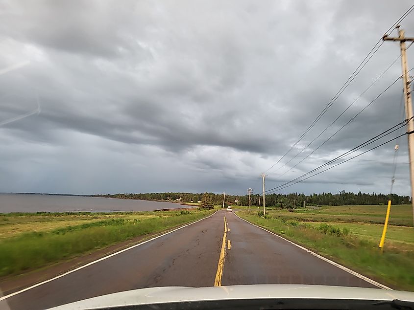 Driving along the Sunrise Trail in Nova Scotia with ocean views